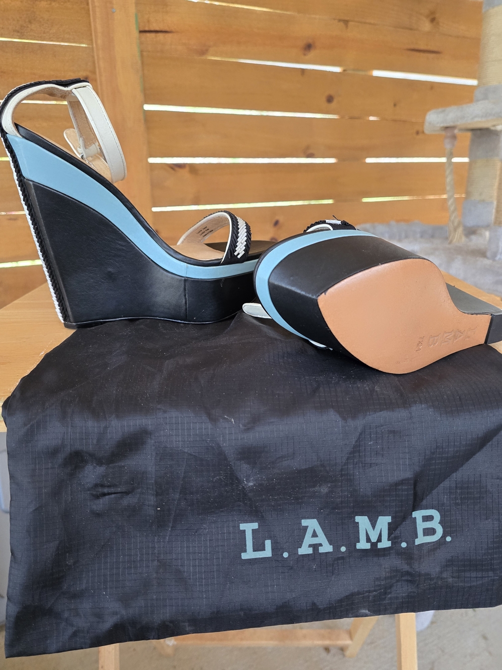 L.A.M.B. Black and Light Blue Wedge Sandals with Cream Ankle Strap